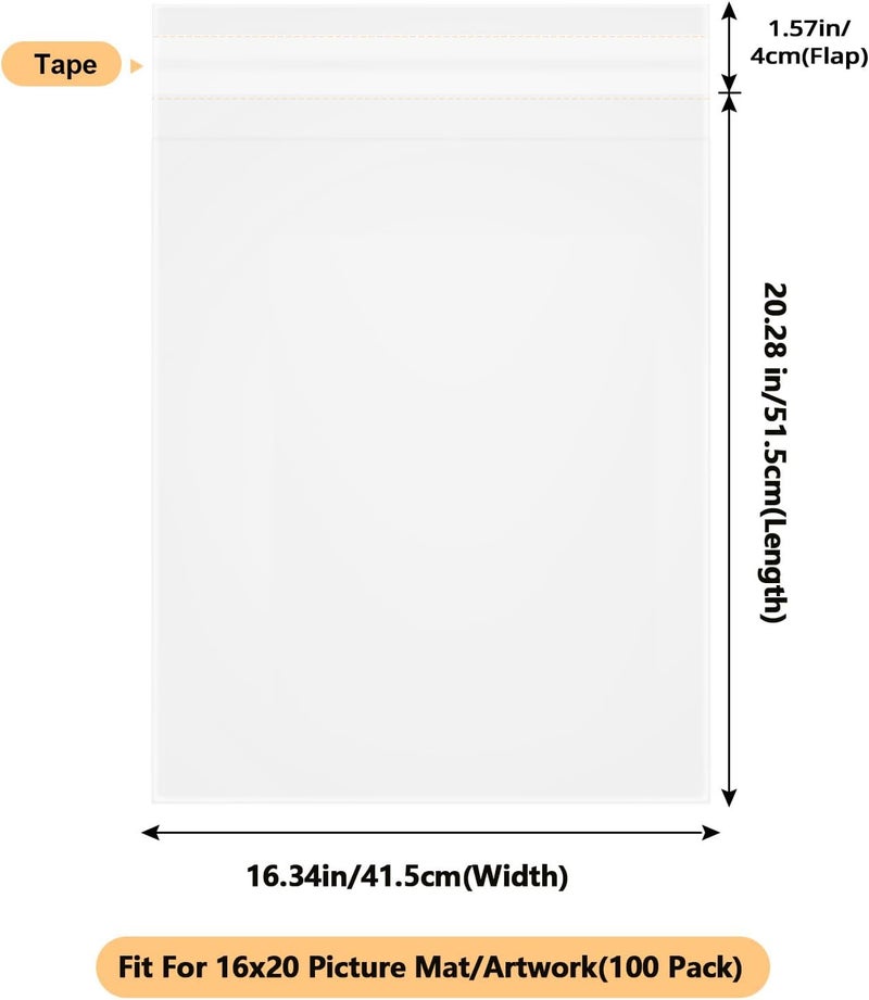 Phiocxem 100 Pack Acid-Free Crystal Clear Sleeves Storage Bags 16 3/8” X 20 3/11”,Plastic Bags for 16x20 Art Prints/Framing Mat Mattes/Pictures/Photos (Bag Size: 16 3/8” X 20 3/11"") - Image 2